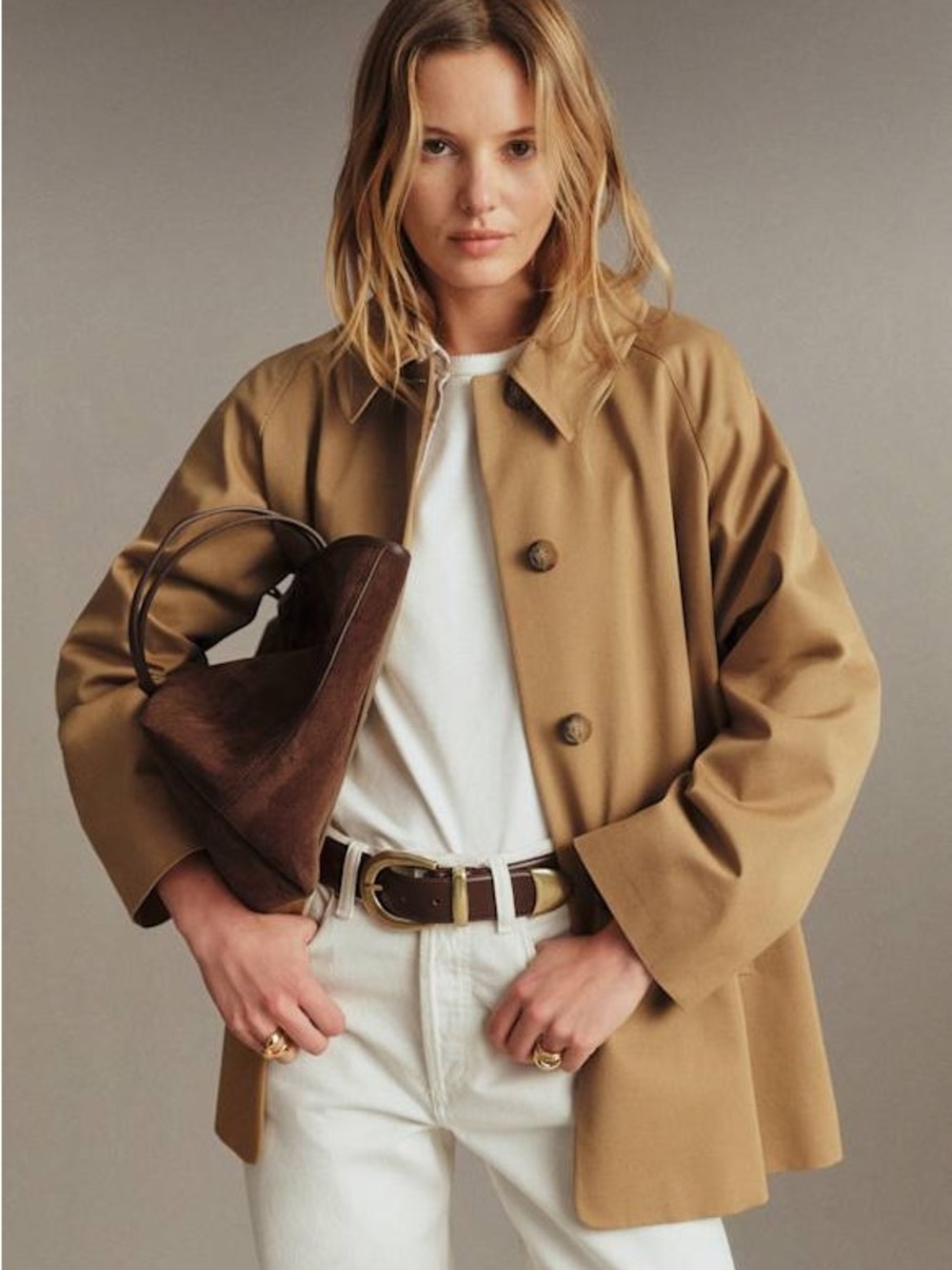 SEZANE Camel Tan Carter Jacket Mid Length Trench Coat Plaid Check Lined Brown 38